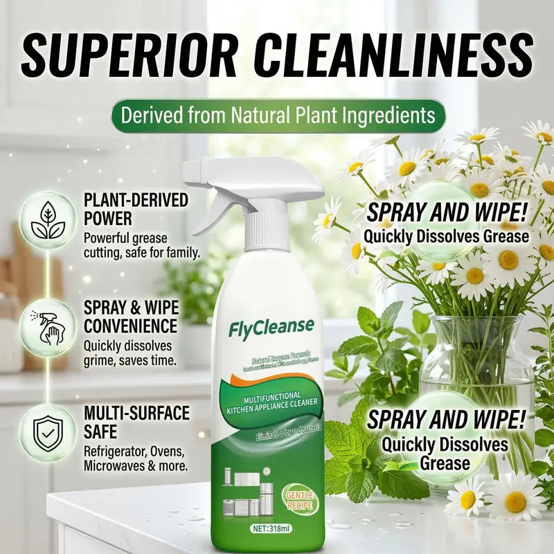 FlyCleanse Natural Enzyme Formula Kitchen Cleaning Spray - Fast-Acting Household Grease & Mold Remover Liquid, for Kitchen Stoves & Range Hoods