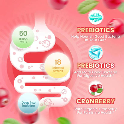 Women’s Probiotic 30 Gummies with Cranberry & Prebiotics – 5 Billion CFU