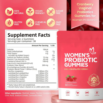 Women’s Probiotic 30 Gummies with Cranberry & Prebiotics – 5 Billion CFU